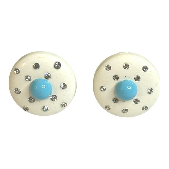 Vintage Celluloid White Light Blue Rhinestone Accents Round Clip On Earrings - Picture 1 of 4